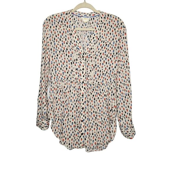Maeve Womens Button-Down Blouse Polka Dot Heads Top Hat Print Roll Long Sleeve M - Picture 1 of 10